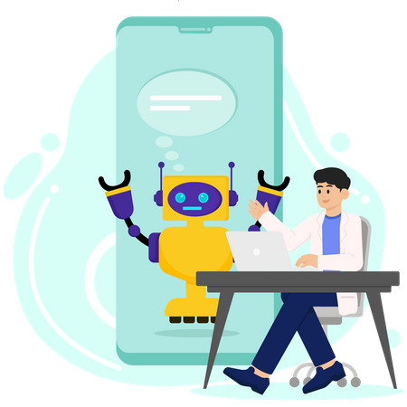 Homme discutant avec un chatbot IA mobile  Ilustración