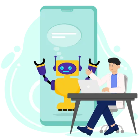 Homme discutant avec un chatbot IA mobile  Ilustración