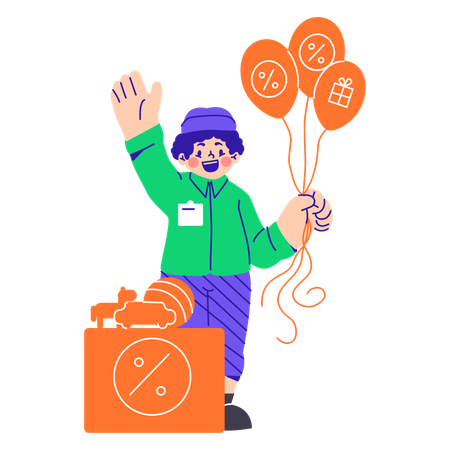 Homme distribuant des ballons à prix réduit  Illustration