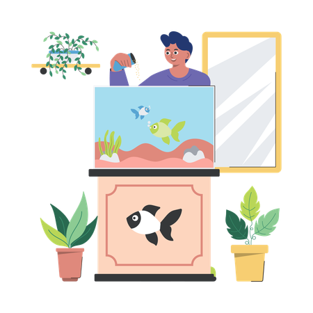 Homme donnant à manger aux poissons  Illustration