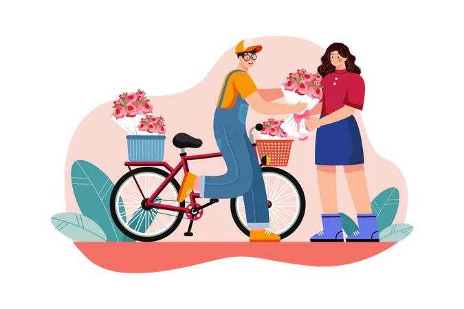 Homme donnant un bouquet de fleurs en cycle  Illustration