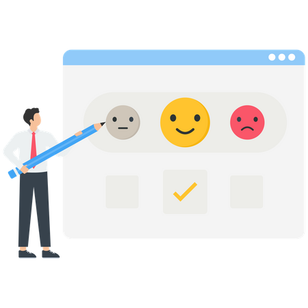 Homme donnant son avis et choisissant emoji pour afficher sa note de satisfaction  Illustration