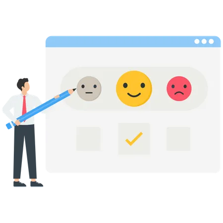 Homme donnant son avis et choisissant emoji pour afficher sa note de satisfaction  Illustration