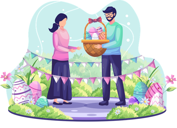 Homme donnant un panier plein d'oeufs de Pâques à une fille  Illustration
