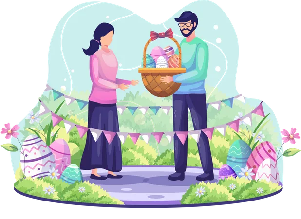 Homme donnant un panier plein d'oeufs de Pâques à une fille  Illustration
