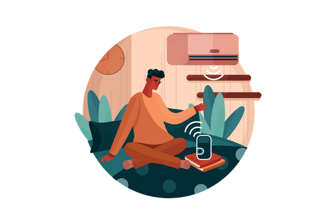 Homme donnant une commande vocale à un appareil intelligent pour éteindre la climatisation  Illustration