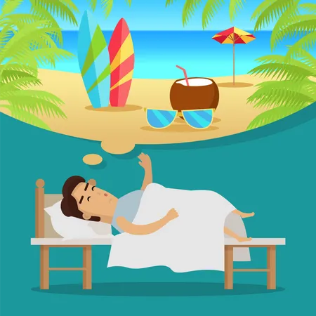 Homme dormant et rêvant de vacances sur la plage  Illustration