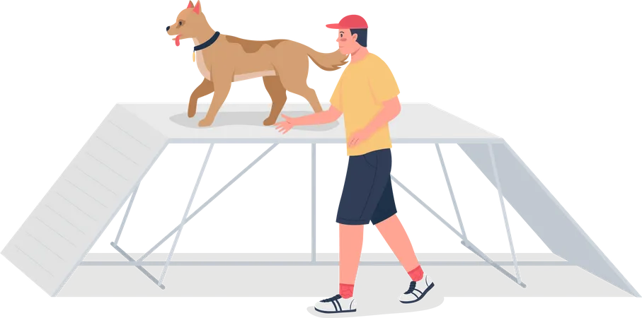 Homme dressant un chien sur une course à obstacles  Illustration