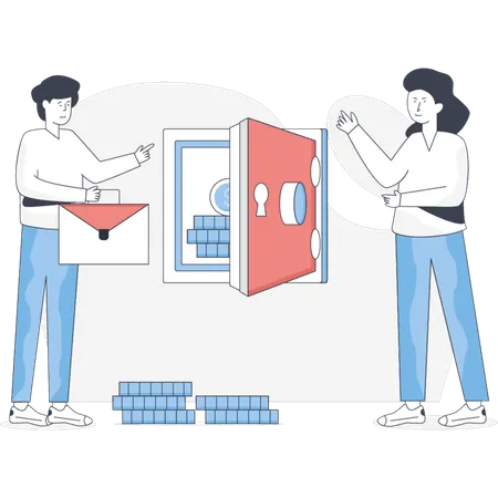 Un homme économise de l'argent dans un casier  Illustration