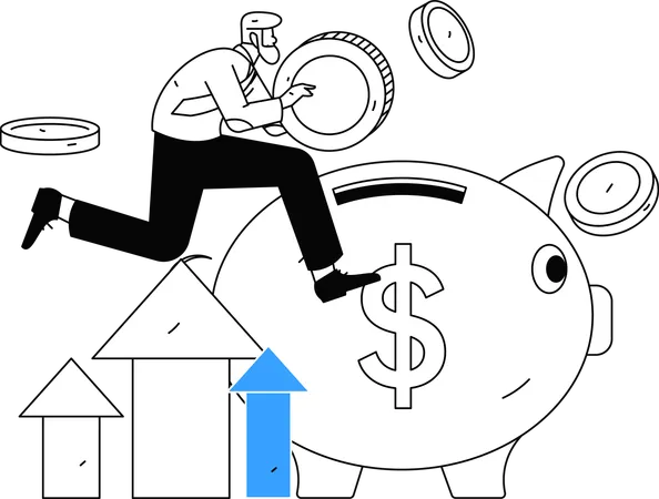 Un homme économise de l'argent dans une tirelire pour des économies futures  Illustration