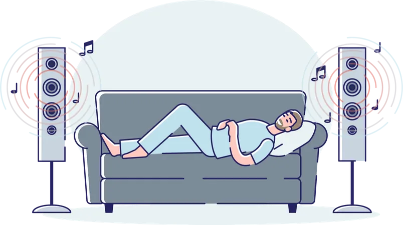 Homme écoutant de la musique en dormant sur un canapé  Illustration