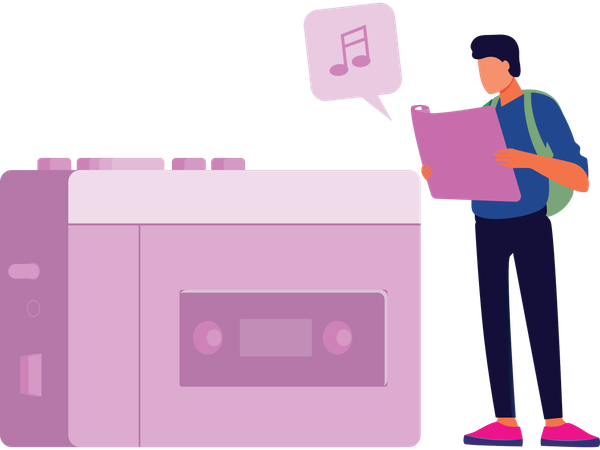 Un homme écoute la radio de voyage  Illustration
