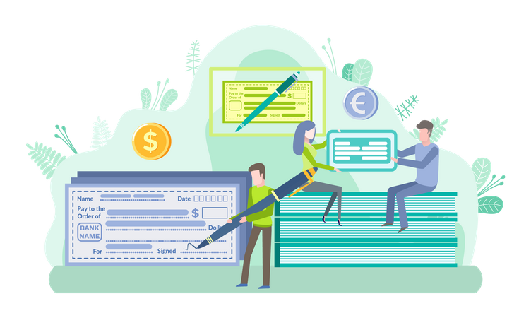 L'homme écrit un chèque bancaire  Illustration