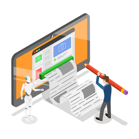 Un homme écrit un blog à l'aide d'une technologie artificielle  Illustration