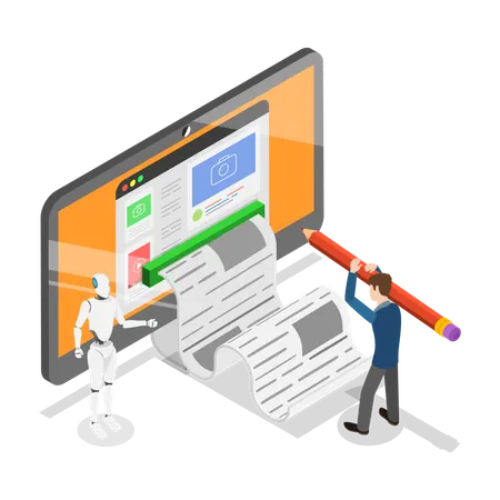 Un homme écrit un blog à l'aide d'une technologie artificielle  Illustration