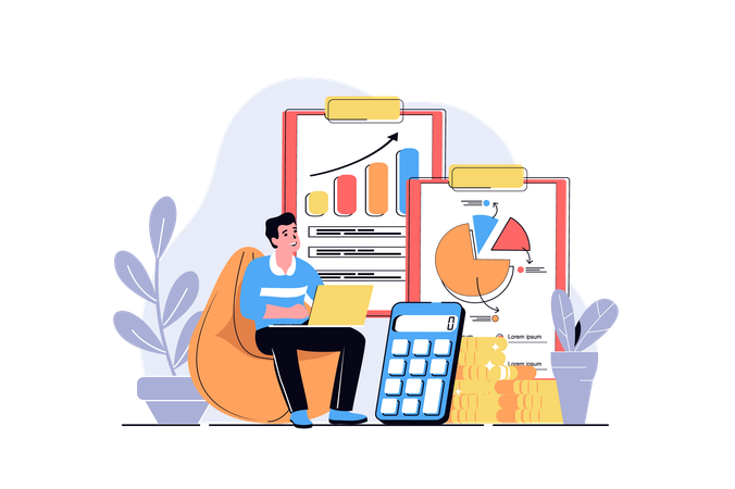 Homme effectuant des recherches de données et un audit financier  Illustration