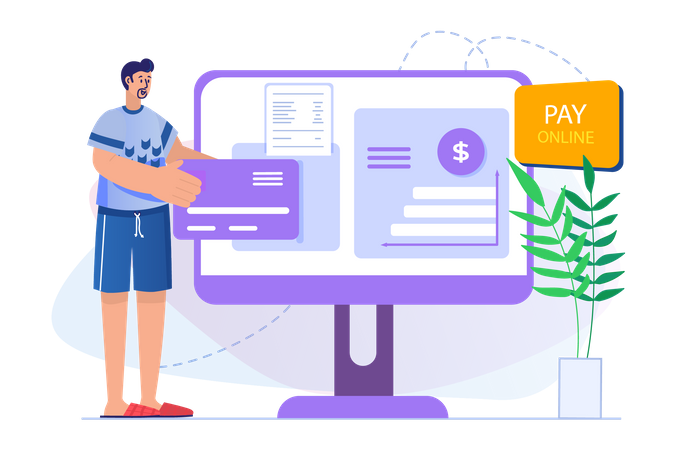 Homme effectuant le paiement de factures en ligne  Illustration