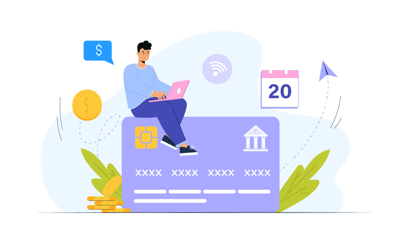 Homme effectuant le paiement de factures par carte de crédit en ligne à l'aide des services bancaires par Internet  Illustration