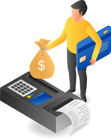 Homme effectuant une transaction avec une machine de paiement d'argent  Illustration