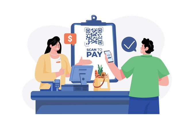 Homme effectuant un paiement avec un scanner QR  Illustration