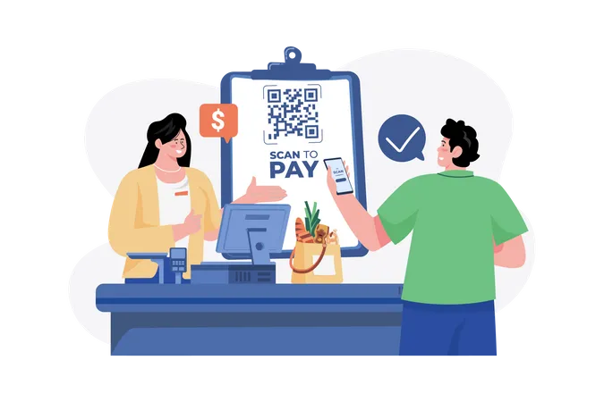 Homme effectuant un paiement avec un scanner QR  Illustration