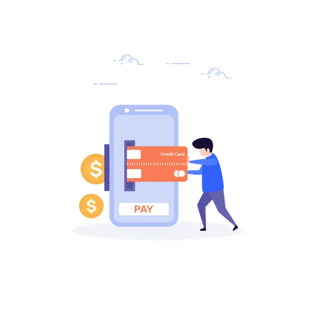 Homme effectuant un paiement en ligne à l'aide d'un mobile  Illustration