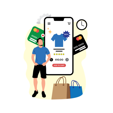 Homme effectuant le paiement en ligne pour faire du shopping  Illustration