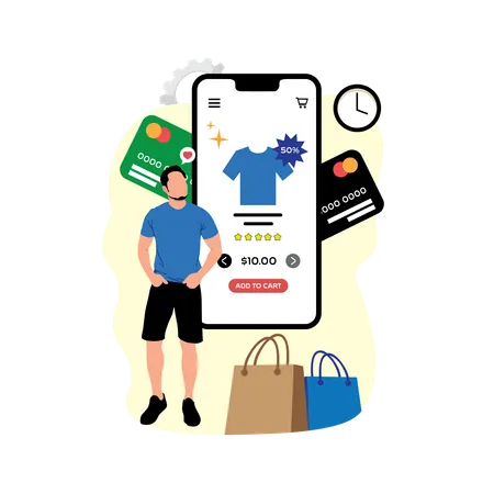 Homme effectuant le paiement en ligne pour faire du shopping  Illustration