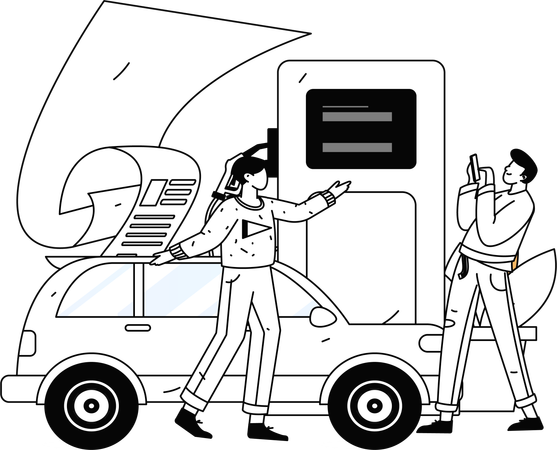 Un homme effectue un paiement en ligne pour faire le plein de sa voiture  Illustration