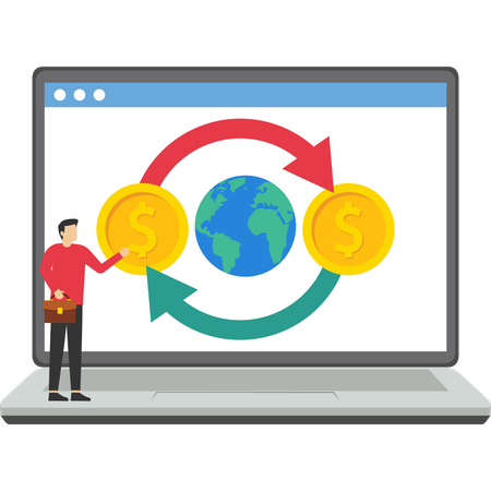 Un homme effectuant un transfert d'argent international  Illustration