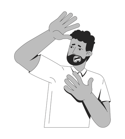 Homme effrayé avec une barbe se protégeant le visage avec la main  Illustration