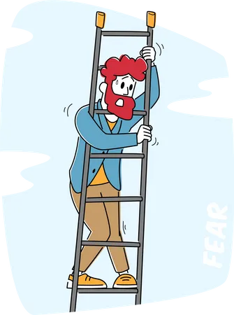 Un homme effrayé se tient debout sur une échelle, ressentant la peur de la hauteur  Illustration