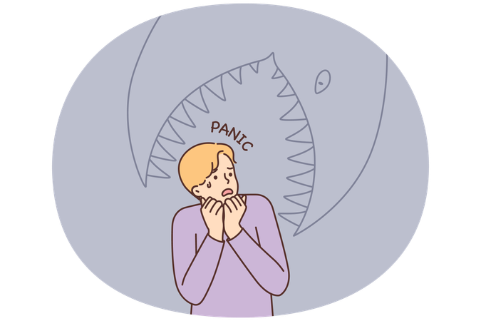 Un homme effrayé fait une crise de panique et imagine un poisson géant essayant de le manger  Illustration
