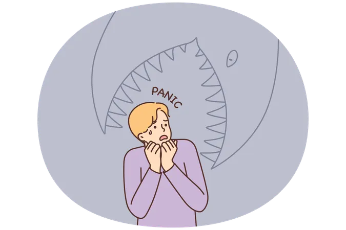 Un homme effrayé fait une crise de panique et imagine un poisson géant essayant de le manger  Illustration