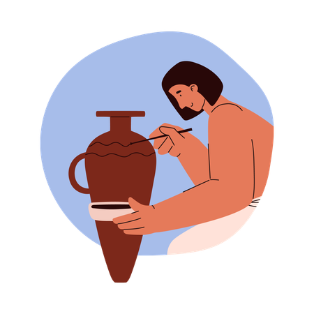 Homme égyptien souriant peignant un vase marron  Illustration