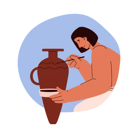 Homme égyptien souriant peignant un vase marron  Illustration