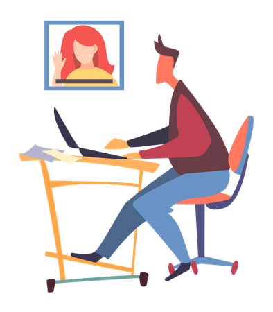 Un employé de bureau assis à une table tout en ayant un appel en ligne  Illustration