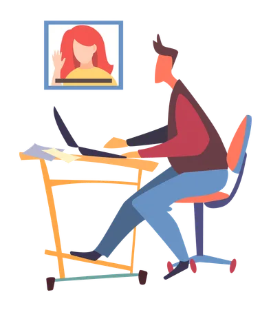 Un employé de bureau assis à une table tout en ayant un appel en ligne  Illustration