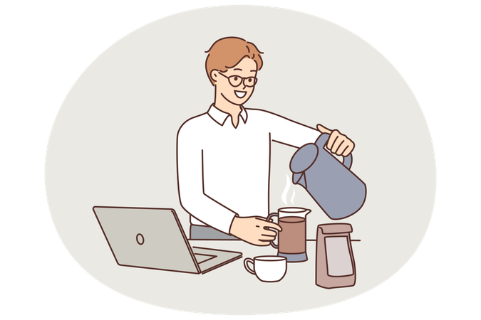 Un employé de bureau prépare du café sans eau chaude à partir d'une bouilloire à table avec un ordinateur portable  Illustration