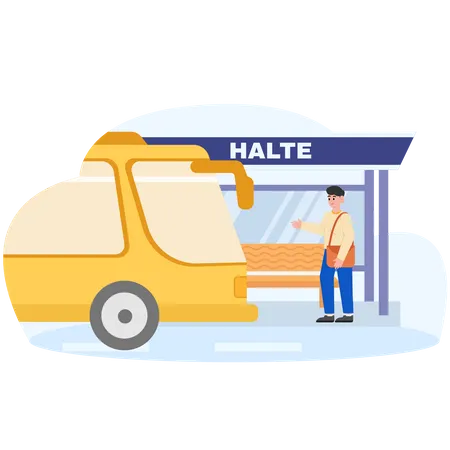 Homme attendant le bus à l'arrêt de bus  Illustration