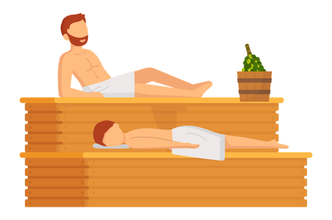 L'homme en serviette blanche repose sur un banc en bois au sauna à vapeur chaude  Illustration