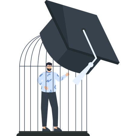 Homme en cage avec un chapeau de diplômé en éducation, liberté et opportunité  Illustration