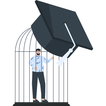 Homme en cage avec un chapeau de diplômé en éducation, liberté et opportunité  Illustration