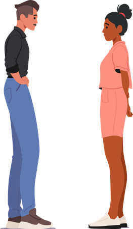 Un homme en chemise noire et pantalon discute avec une femme en robe rose  Illustration