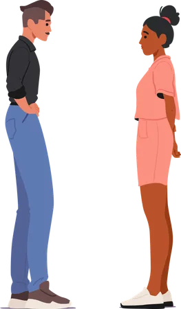 Un homme en chemise noire et pantalon discute avec une femme en robe rose  Illustration