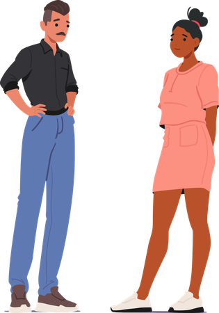 Un homme en chemise noire et pantalon bleu debout tandis qu'une femme porte une robe rose  Illustration