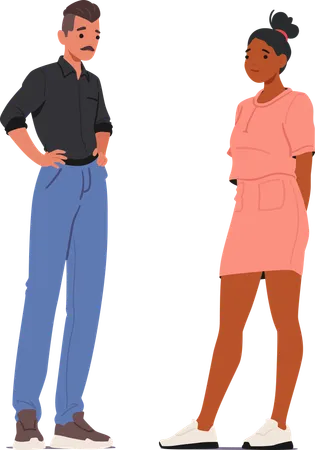 Un homme en chemise noire et pantalon bleu debout tandis qu'une femme porte une robe rose  Illustration