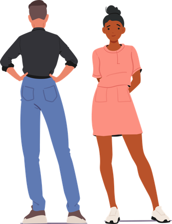 Homme en chemise noire et pantalon bleu debout face à une femme en robe rose  Illustration