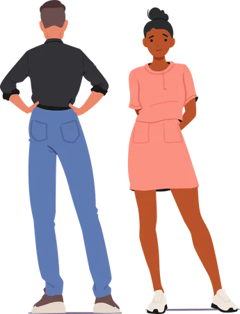 Homme en chemise noire et pantalon bleu debout face à une femme en robe rose  Illustration