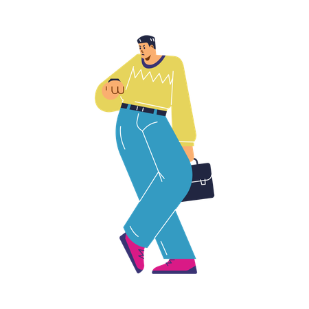 Homme en colère avec une valise attendant et regardant sa montre  Illustration